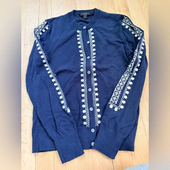 J.Crew Navy Embroidered Cardigan Size Small Button Front Sweater - Picture 2 of 5